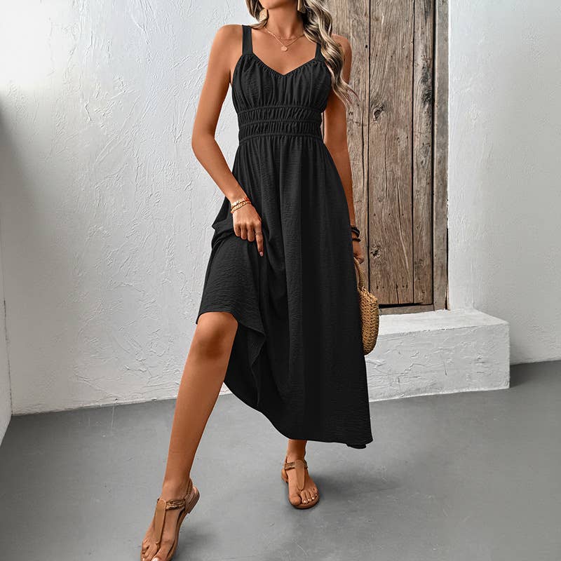 Sleeveless Ruched Bust Maxi Dress with Smocked Waist: Blue