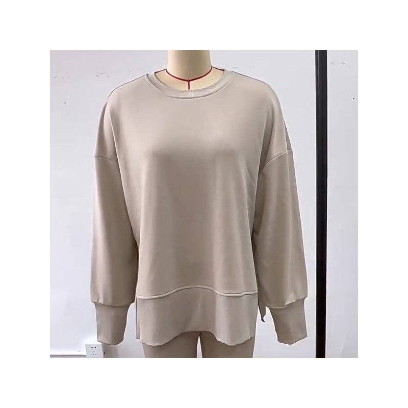 Solid Color Round Neck Slit Sweatshirt And Skinny Pants Set: ApricotP