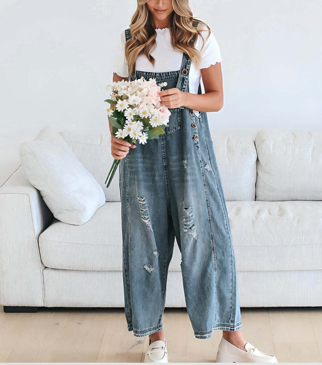 Women's Wide Leg Jumpsuit with Ripped Details Denim Overalls: Navy Blue / Contemporary