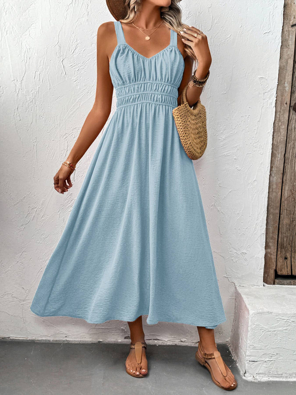 Sleeveless Ruched Bust Maxi Dress with Smocked Waist: Blue