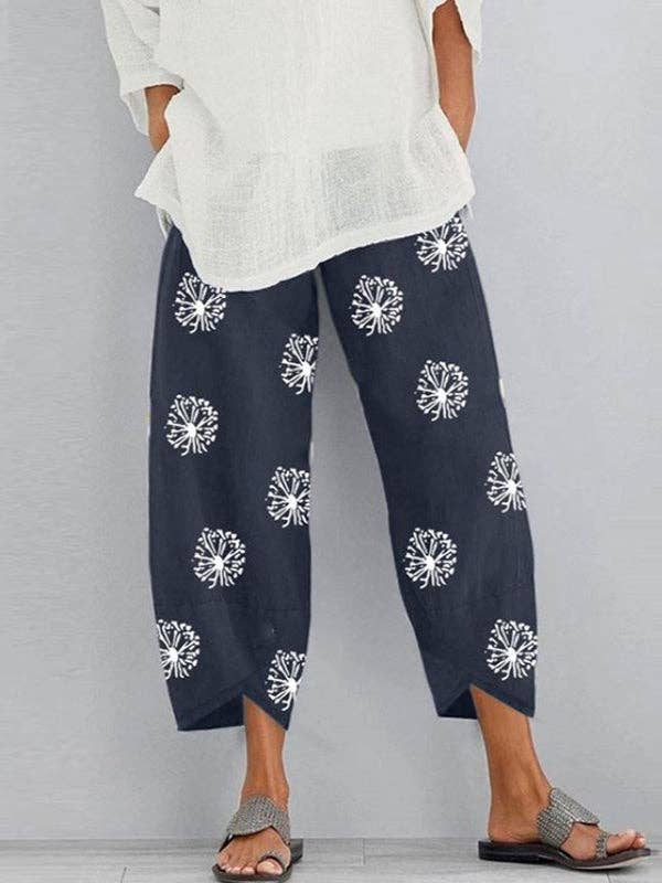 Loose Flower Print Pockets Split-Joint Pants Trousers: GRAY