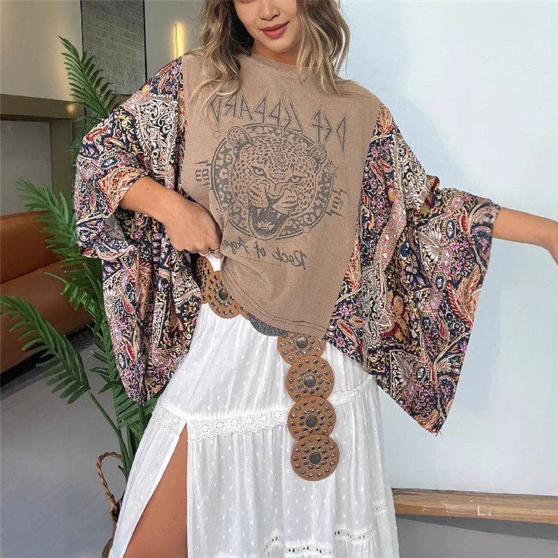 Printed Batwing Sleeve Loose Top: 2 / One_size