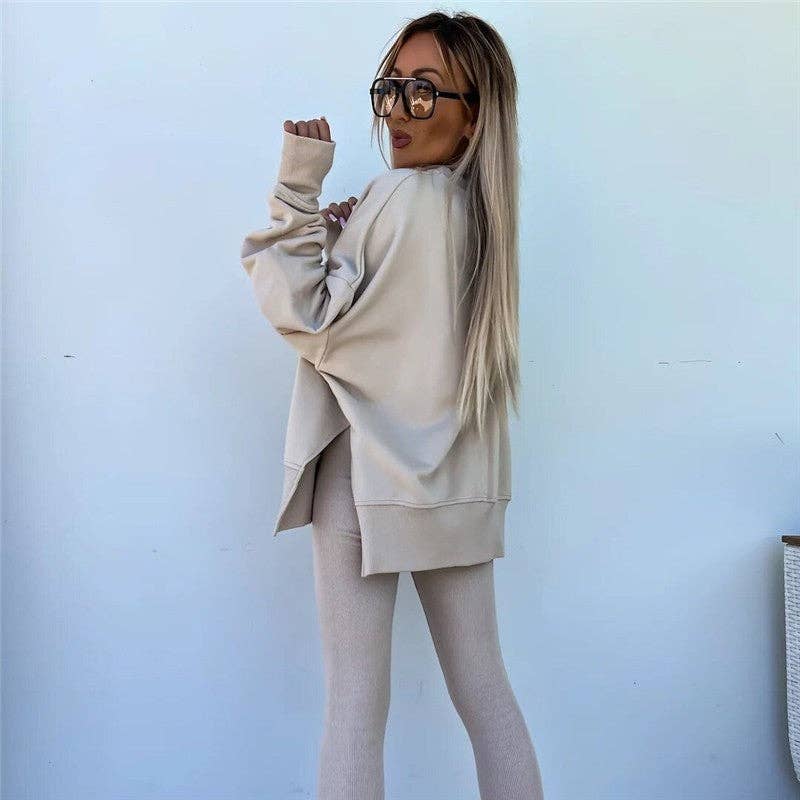 Solid Color Round Neck Slit Sweatshirt And Skinny Pants Set: ApricotP