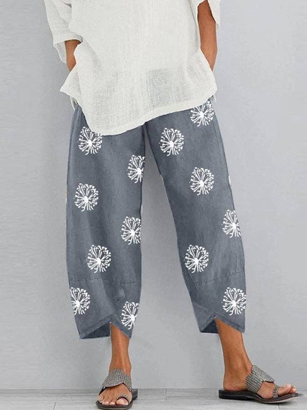 Loose Flower Print Pockets Split-Joint Pants Trousers: GRAY