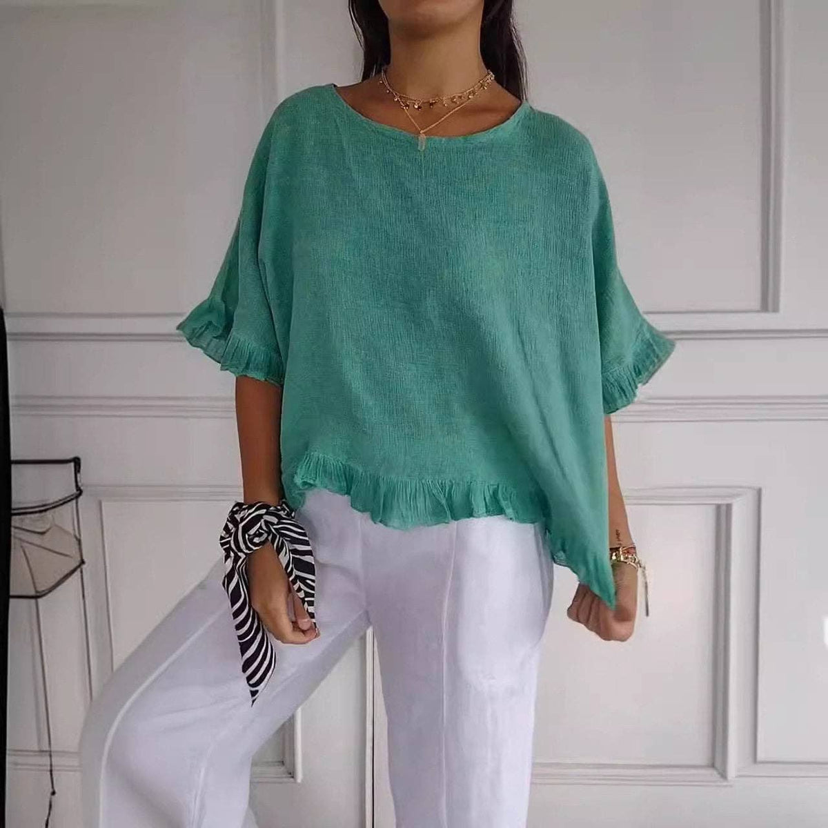 Cotton  Short Sleeve Shirt: Apricot / Green