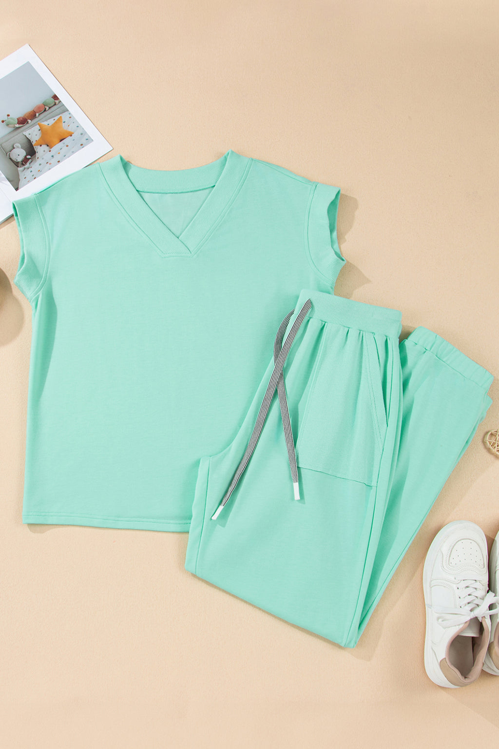 Beau Blue Solid Color V Neck Tee Drawstring Pant Set