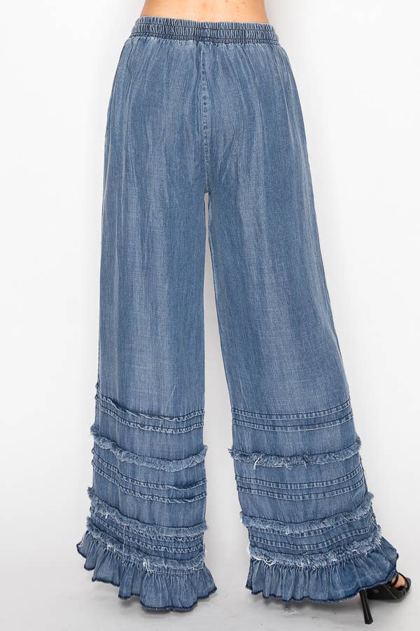 Boho Tiered Chambray Wide Leg Palazzo Pants-OLS-4890SW DENIM: SW DENIM