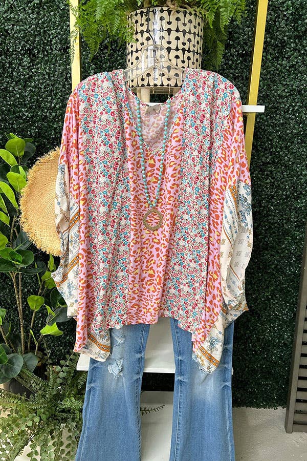 Color Block Patchwork Leopard Floral Bat Wing Sleeve Blouse: Pink