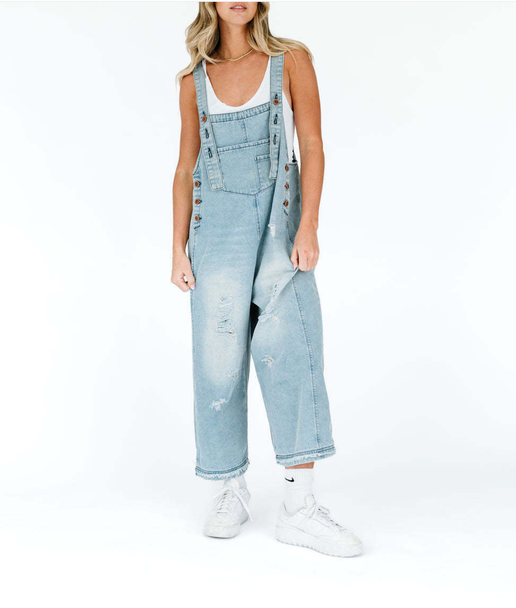 Women's Wide Leg Jumpsuit with Ripped Details Denim Overalls: Navy Blue / Contemporary