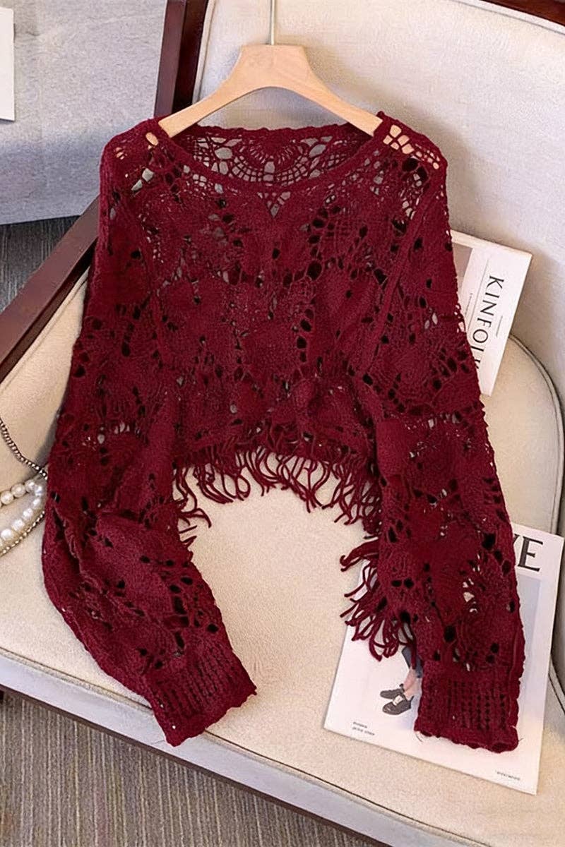 Elegant Cropped Open-Knit Top: BLACK / One Size