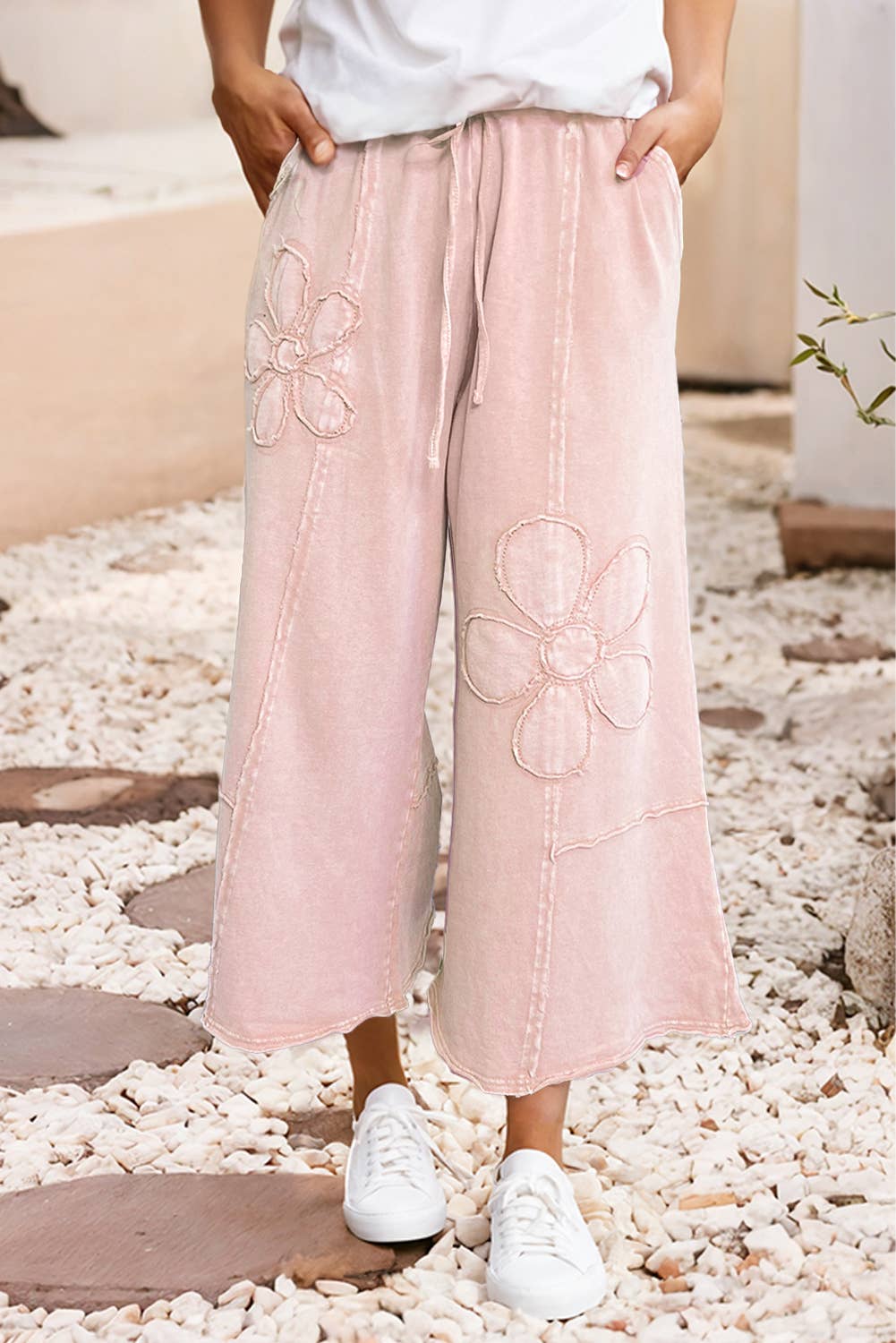 LDC Floral Patch Mineral Washed Terry Knit Cropped Pants: Pink