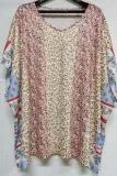 Color Block Patchwork Leopard Floral Bat Wing Sleeve Blouse: Pink