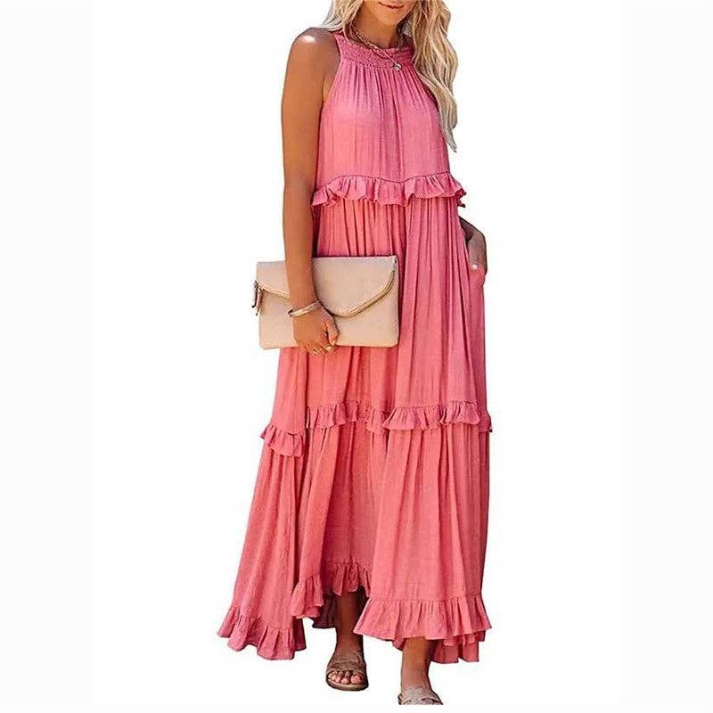 Beach Maxi Dress With Ruffle Hem: Apricot