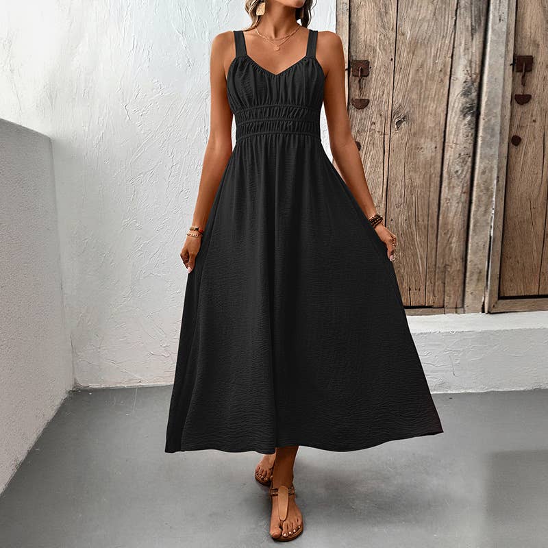 Sleeveless Ruched Bust Maxi Dress with Smocked Waist: Blue