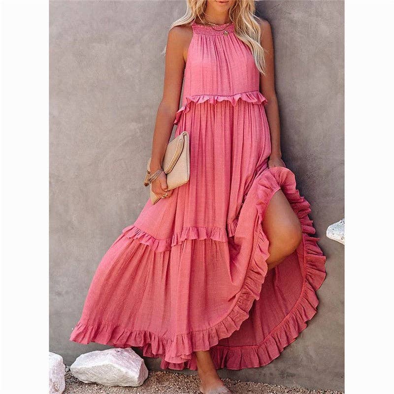 Beach Maxi Dress With Ruffle Hem: Apricot