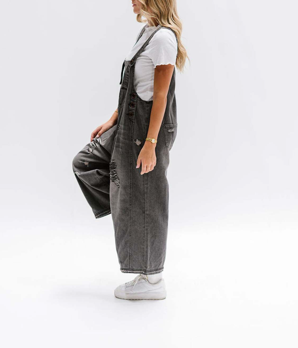 Women's Wide Leg Jumpsuit with Ripped Details Denim Overalls: Navy Blue / Contemporary