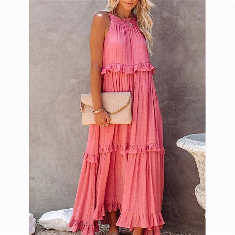 Beach Maxi Dress With Ruffle Hem: Apricot