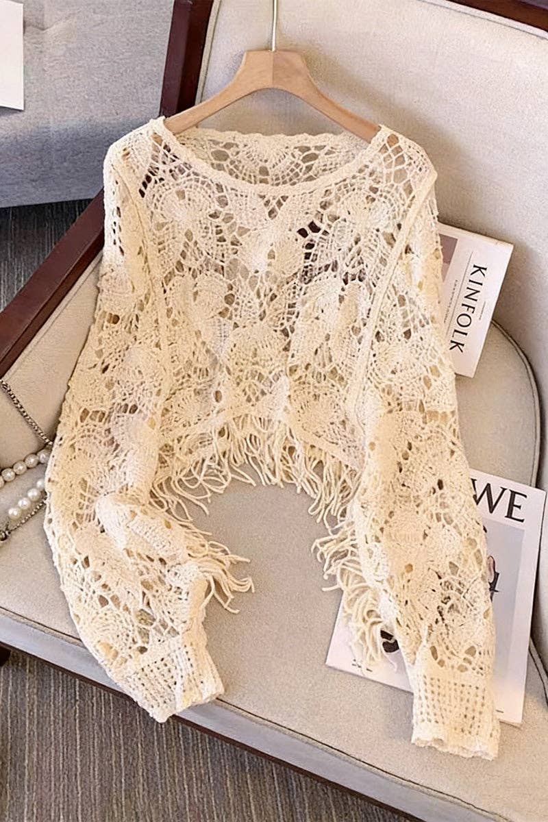 Elegant Cropped Open-Knit Top: BEIGE / One Size