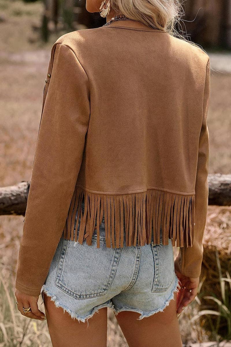 Fringe Studded Sleeveless Open Jacket: BLACK