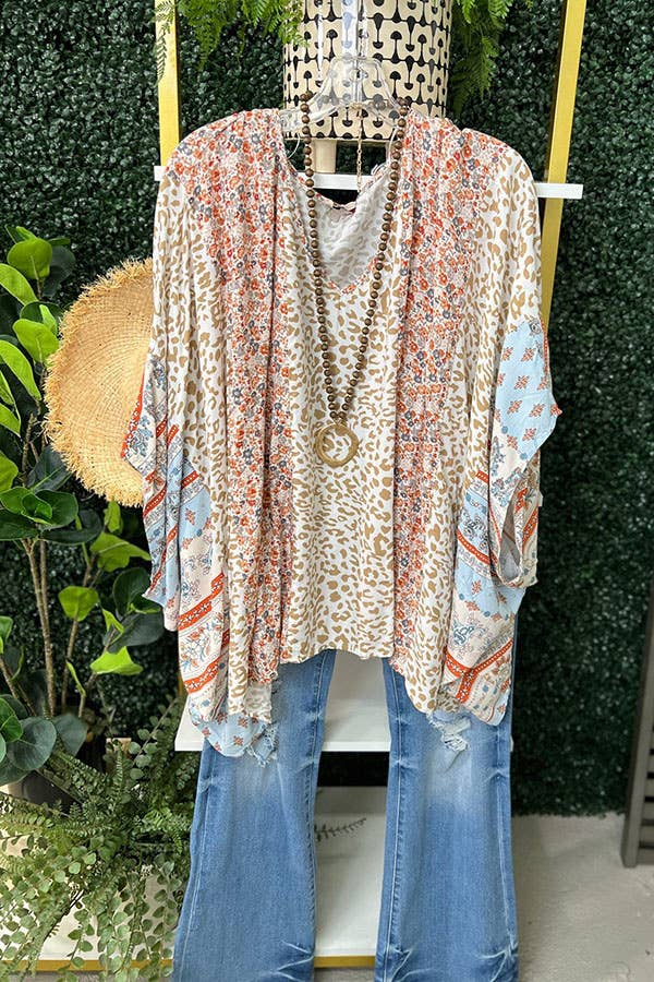 Color Block Patchwork Leopard Floral Bat Wing Sleeve Blouse: Pink