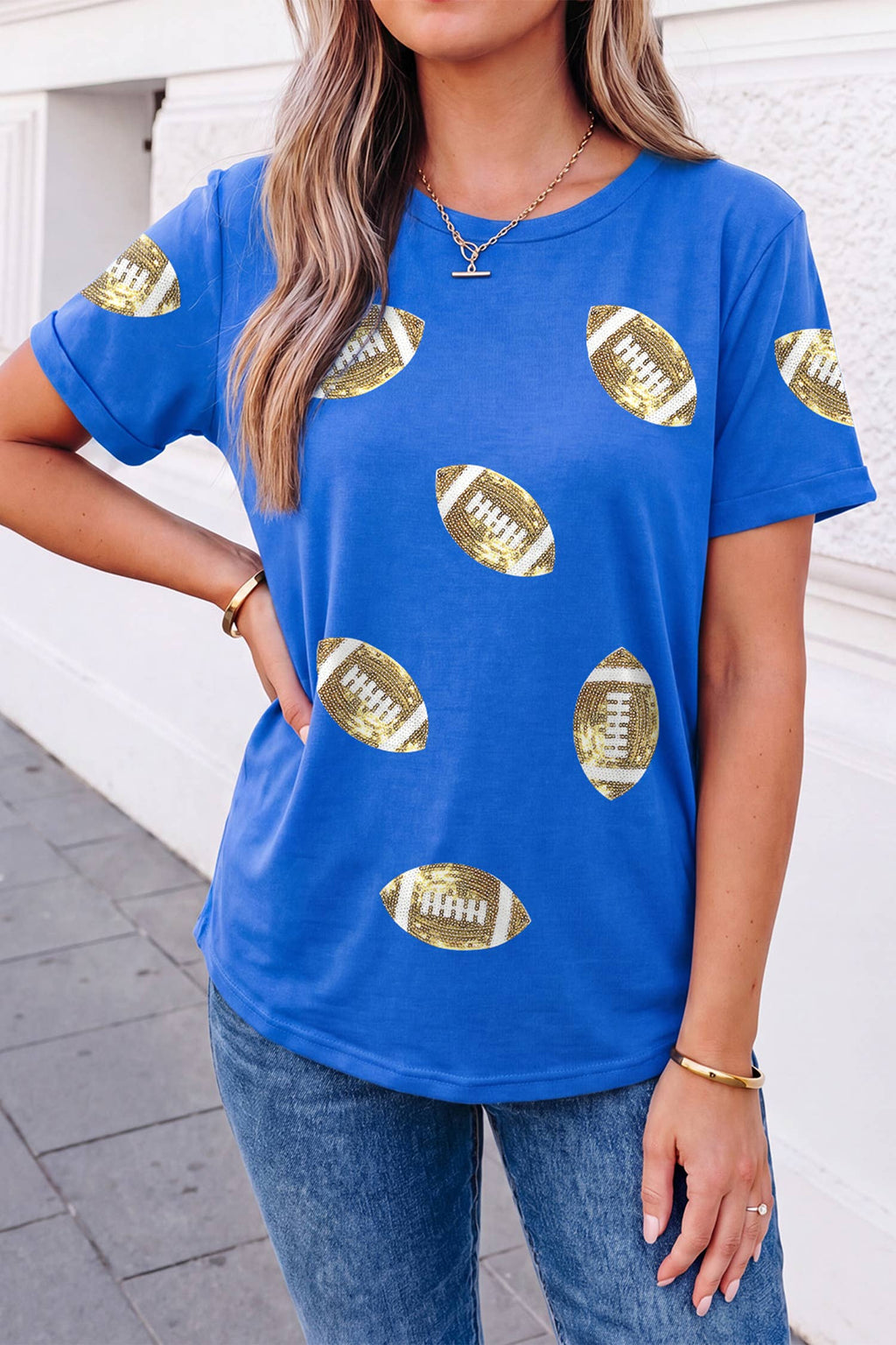 Game Day Sequin Rugby Graphic Crew Neck Shift T-Shirt | S-XL: Dark Blue