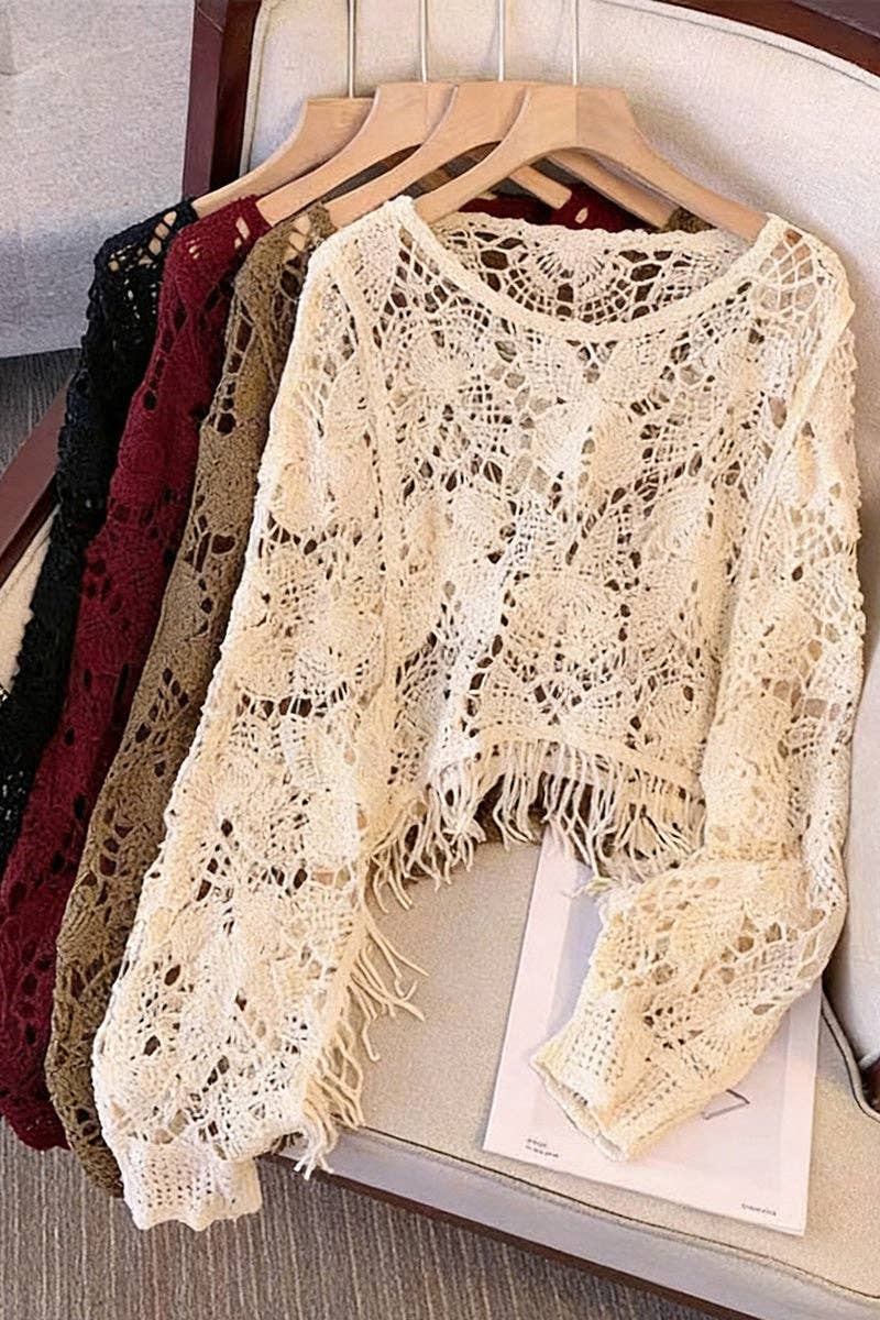 Elegant Cropped Open-Knit Top: BEIGE / One Size