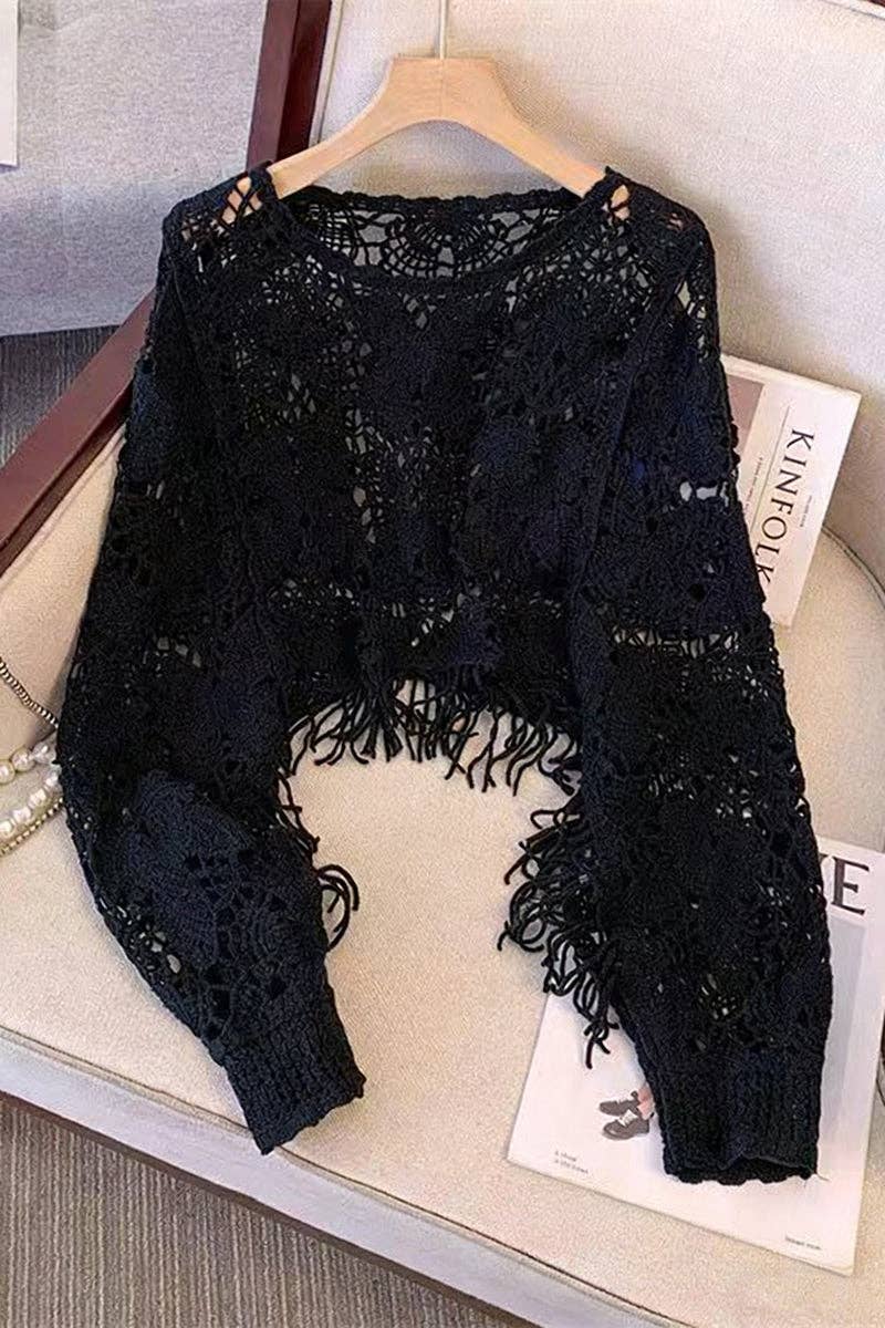 Elegant Cropped Open-Knit Top: BLACK / One Size