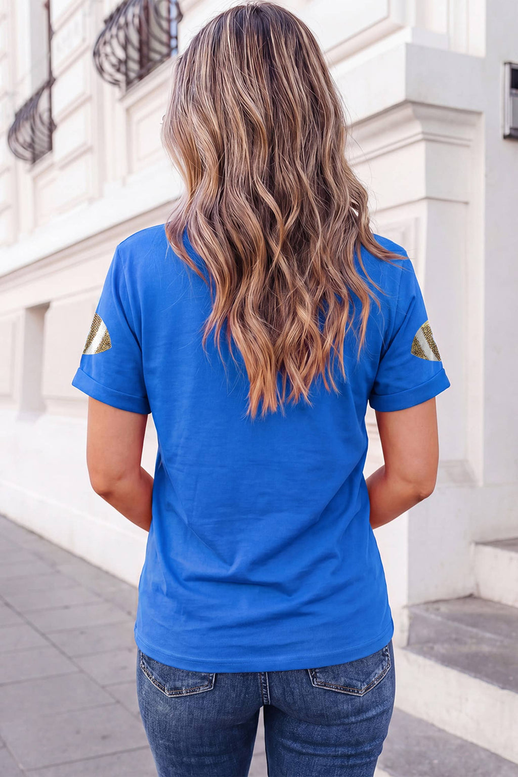 Game Day Sequin Rugby Graphic Crew Neck Shift T-Shirt | S-XL: Dark Blue
