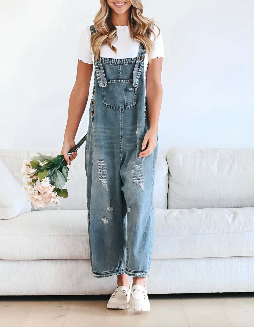 Women's Wide Leg Jumpsuit with Ripped Details Denim Overalls: Navy Blue / Contemporary