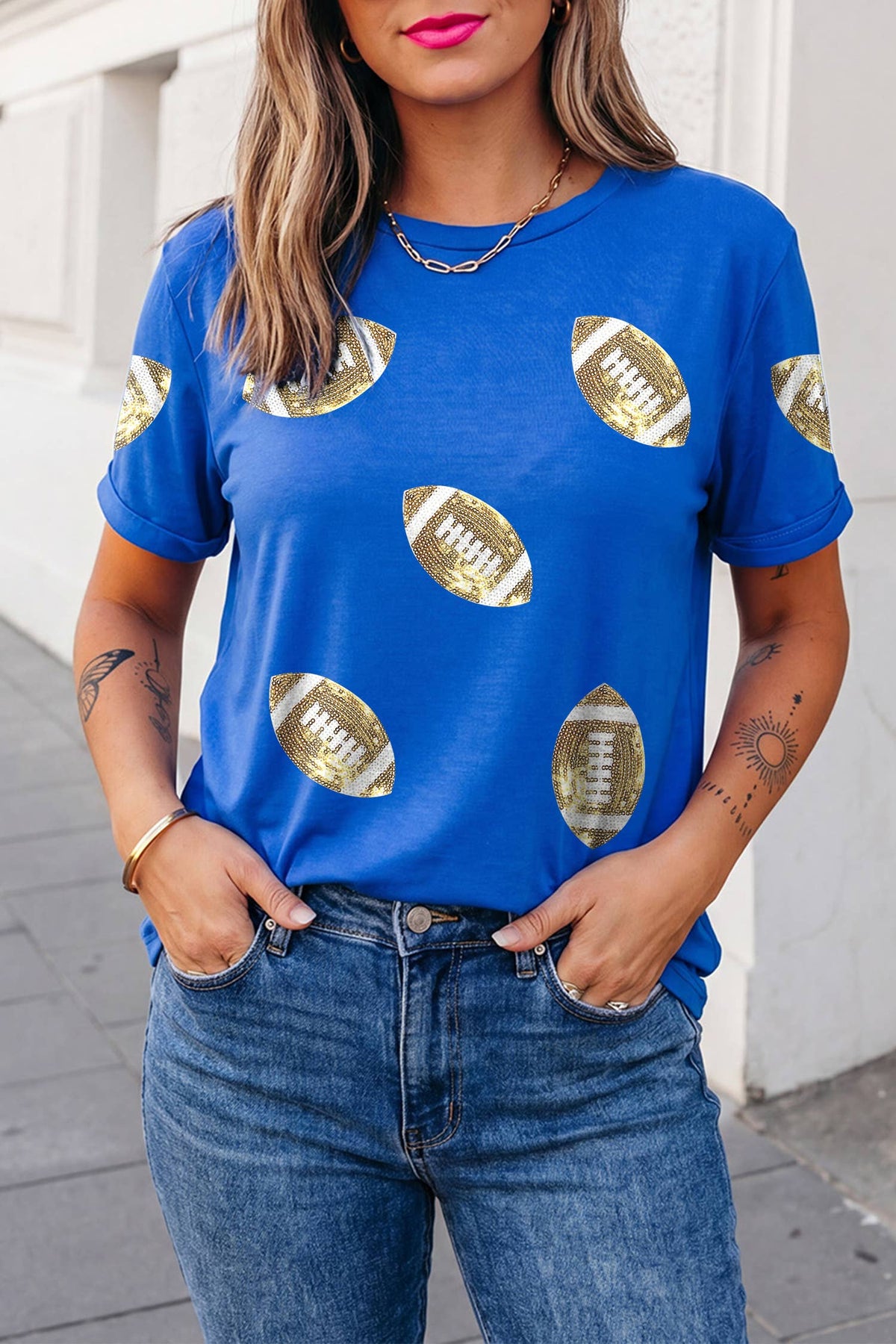 Game Day Sequin Rugby Graphic Crew Neck Shift T-Shirt | S-XL: Dark Blue