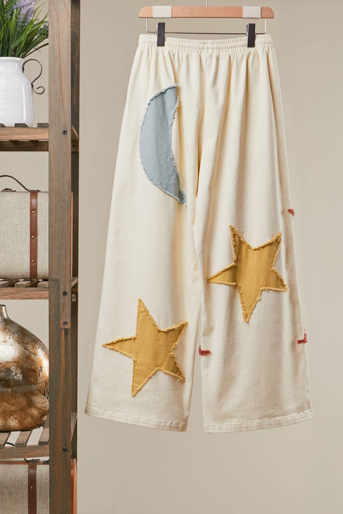 Sun Moon Star Patch Wide Pants: Cream