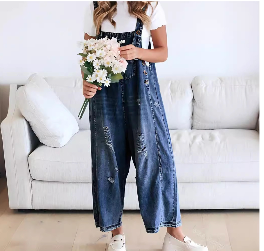 Women's Wide Leg Jumpsuit with Ripped Details Denim Overalls: Navy Blue / Contemporary