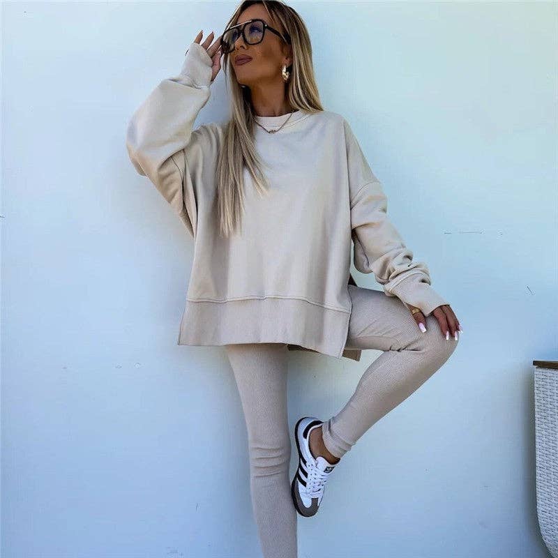 Solid Color Round Neck Slit Sweatshirt And Skinny Pants Set: ApricotP