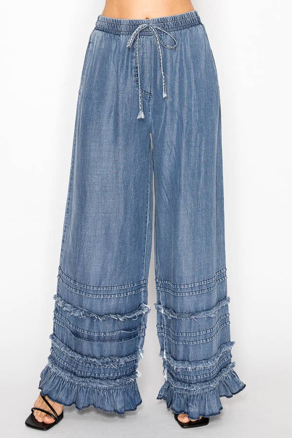 Boho Tiered Chambray Wide Leg Palazzo Pants-OLS-4890SW DENIM: SW DENIM