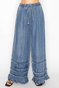 Boho Tiered Chambray Wide Leg Palazzo Pants-OLS-4890SW DENIM: SW DENIM