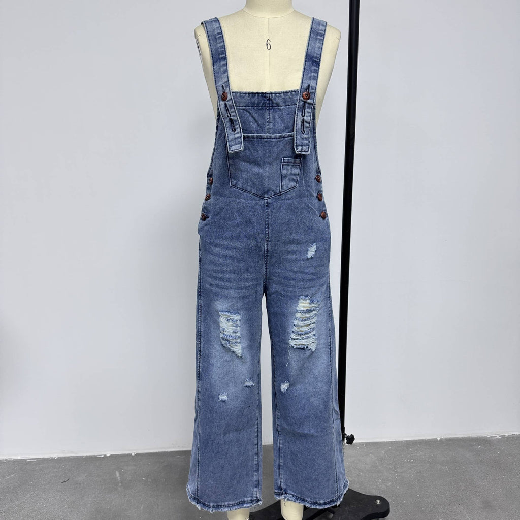 Women's Wide Leg Jumpsuit with Ripped Details Denim Overalls: Navy Blue / Contemporary