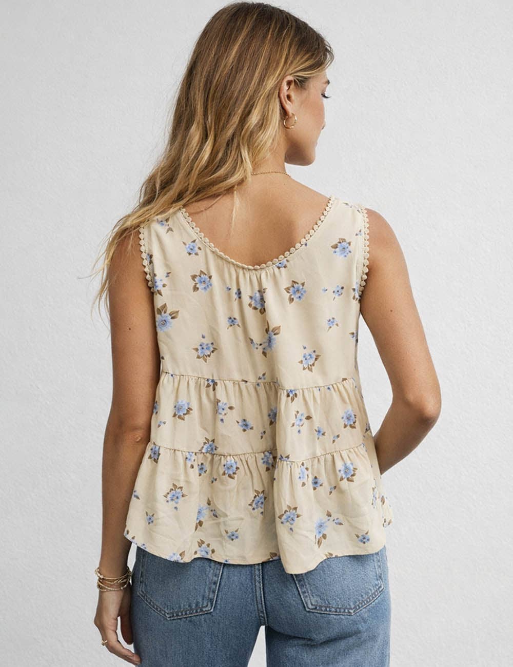 Ladies Boho Floral Print Tie Front Scoop Neck Sleeveless Top: Light Yellow