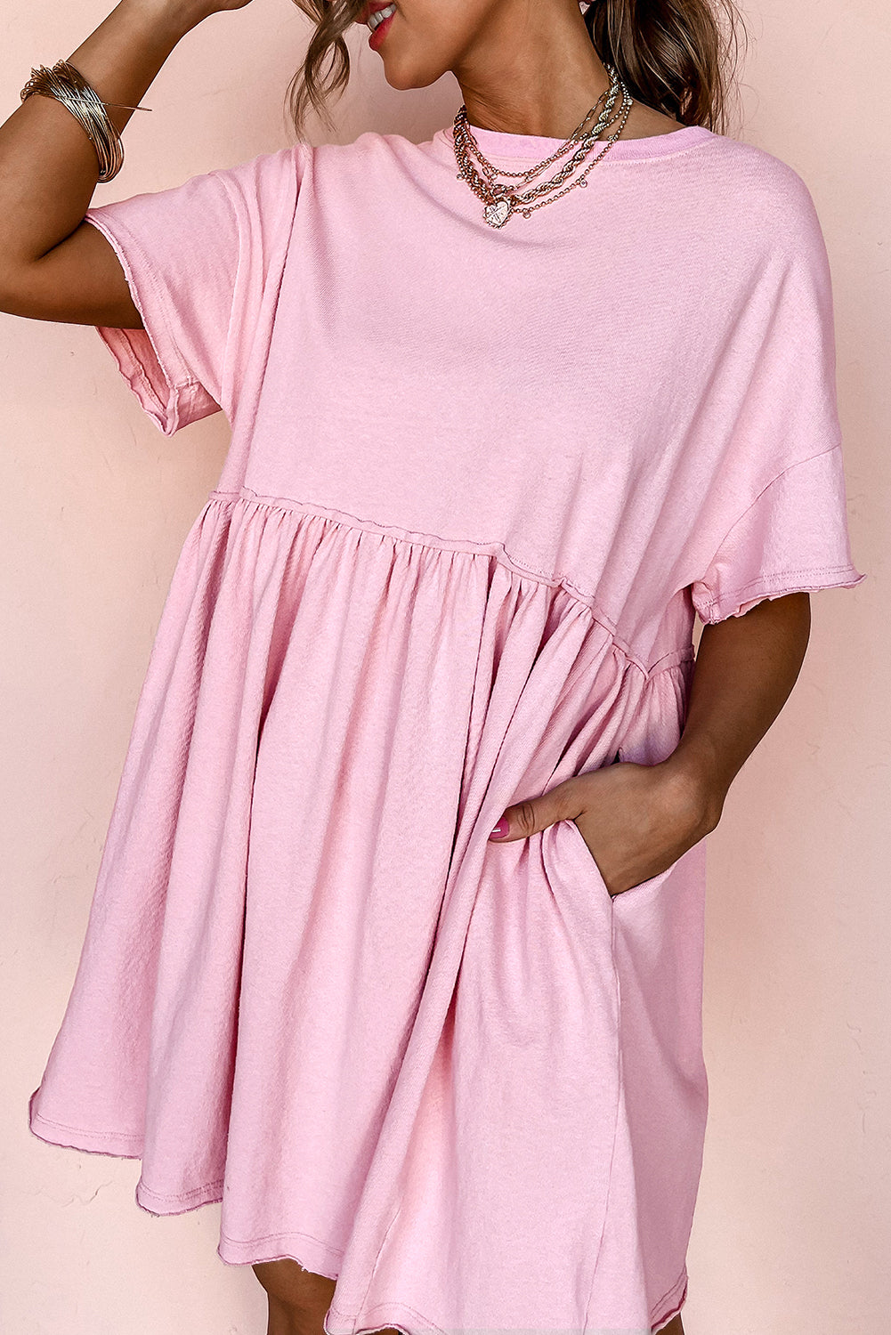 Moonlight Jade Solid Color Pocketed Raw Edge Babydoll Dress