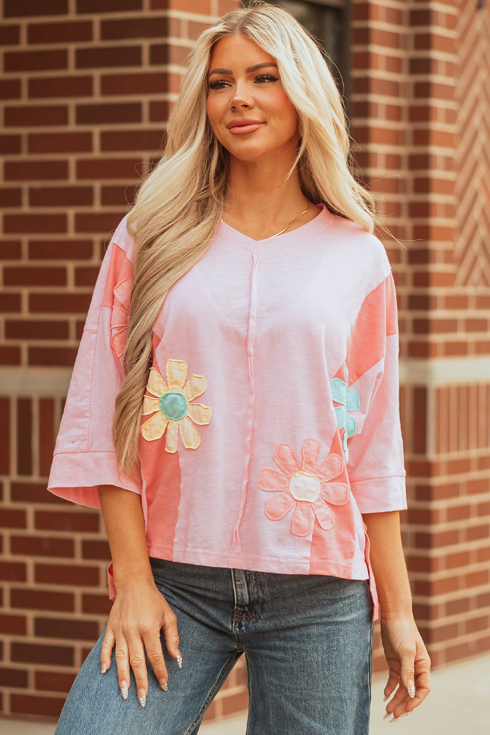Green Flower Patched Exposed Seam Bracelet Sleeve Oversized T Shirt