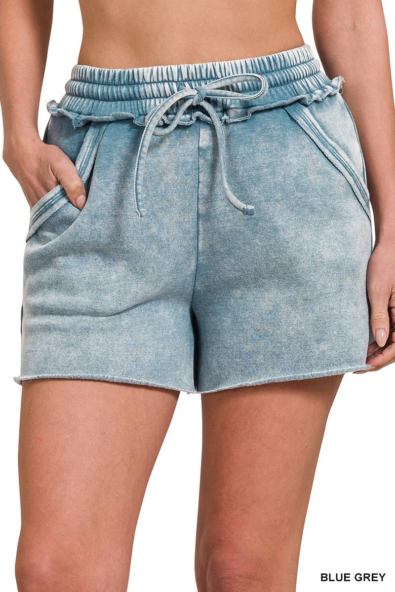 `Fleece Shorts Acid Wash & Solid Zenana: ASH BLUE/ MOCHA