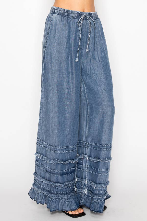 Boho Tiered Chambray Wide Leg Palazzo Pants-OLS-4890SW DENIM: SW DENIM