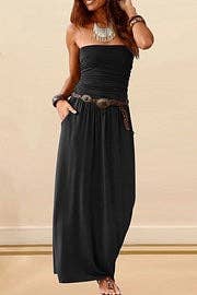 High Waisted Sleeveless Breathable Solid Color Strapless Off-The-Shoulder Maxi Dresses: Grey/ Blk