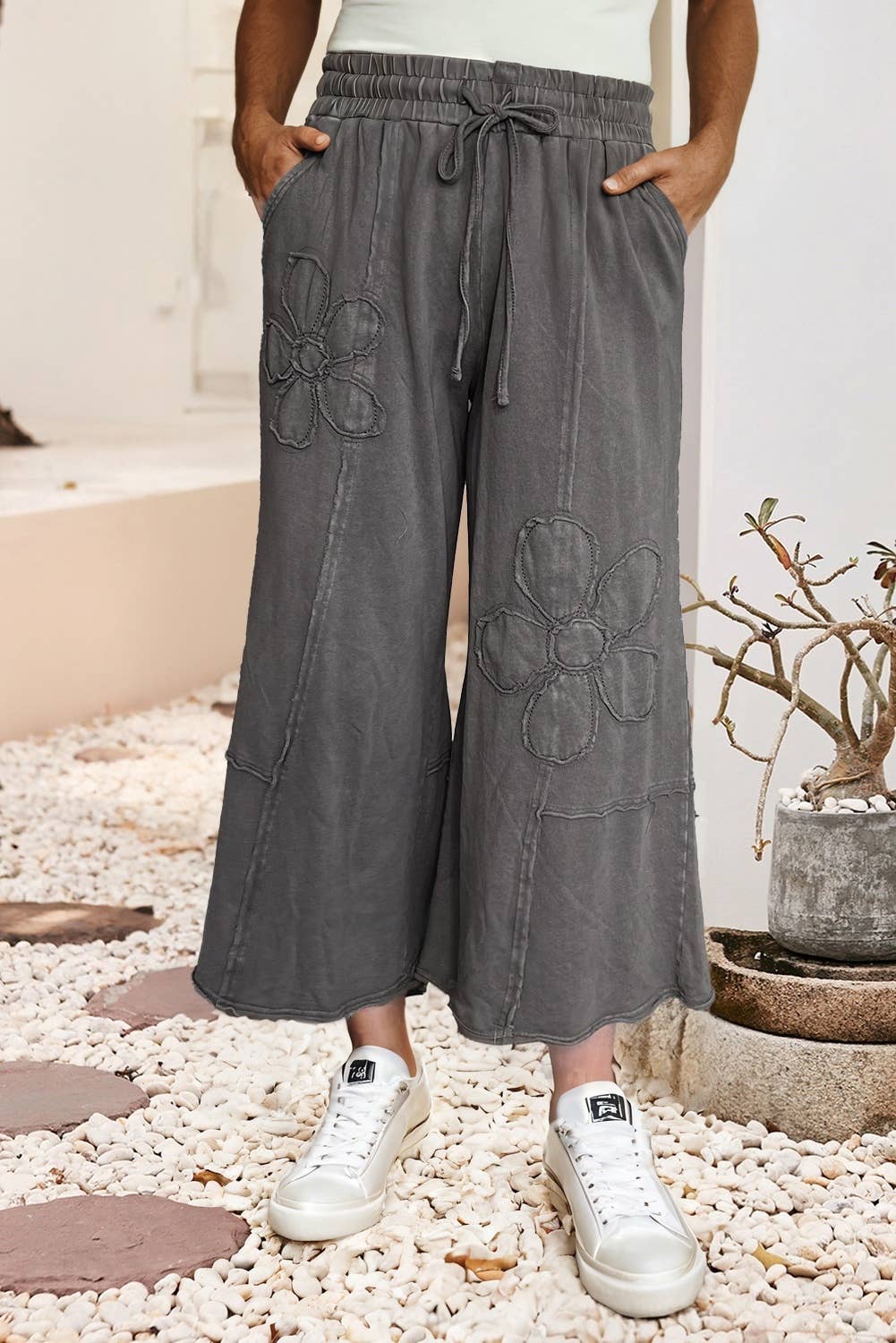 LDC Floral Patch Mineral Washed Terry Knit Cropped Pants: Pink