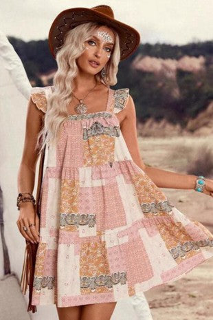 Boho U-Neck Ruffle Mini Dress