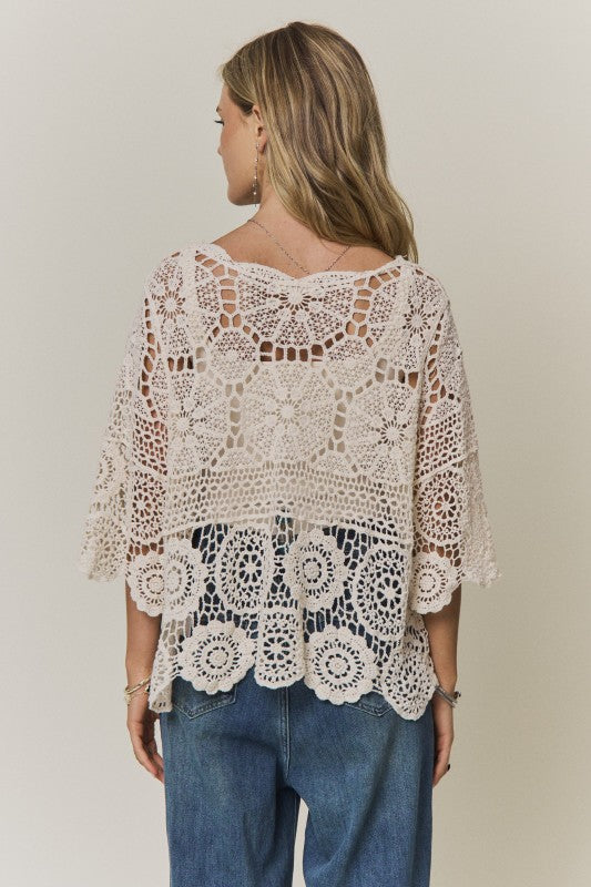 Boho Crochet Lace Tie-Front Cardigan