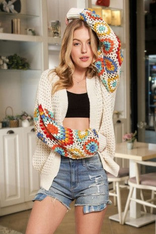 Multi-Color Sleeve Crochet Cardigan