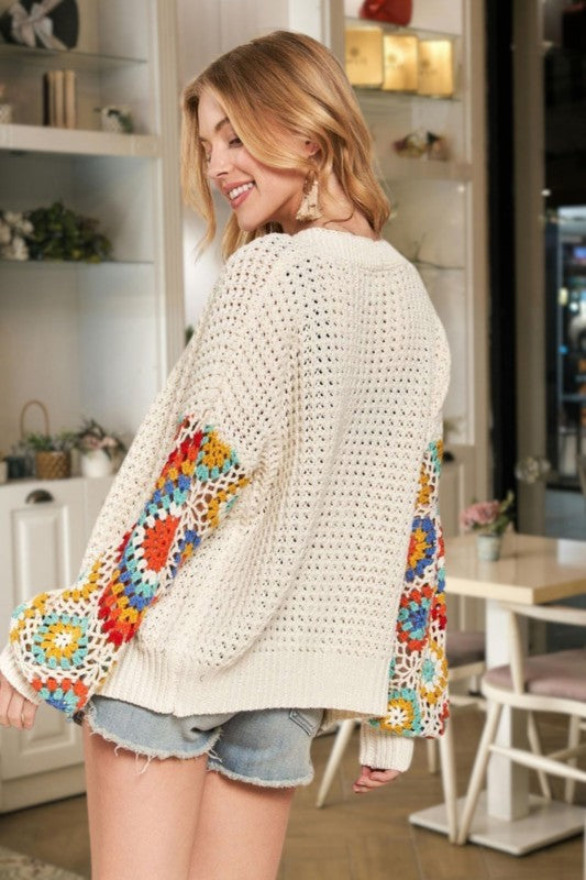 Multi-Color Sleeve Crochet Cardigan