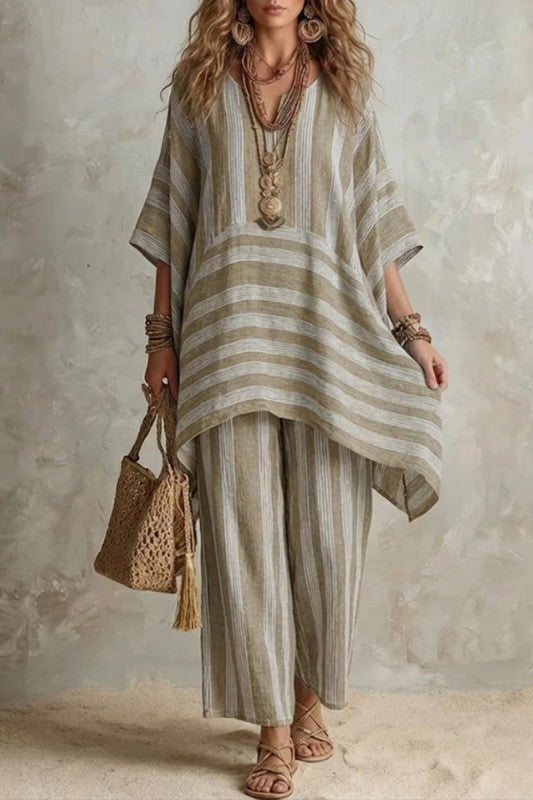 Striped Flowy Top and Wide Leg Pants Set