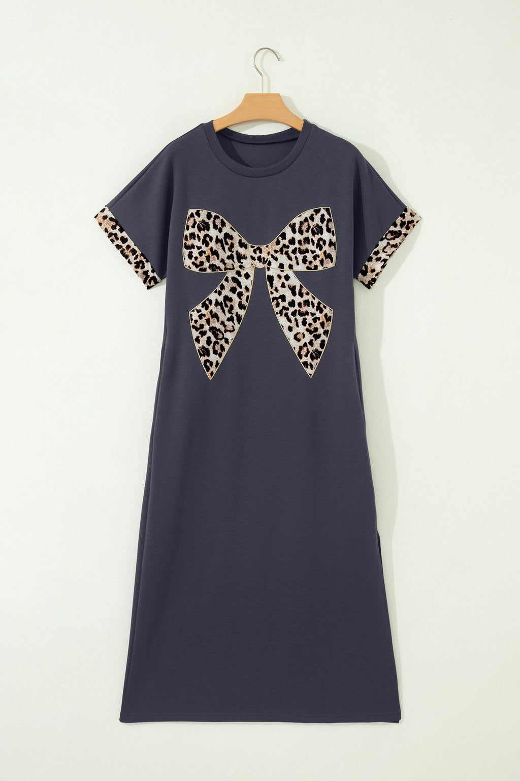 DARK GREY CONTRAST LEOPARD BOW PATCHED SHORT SLEEVE LONG DRESS