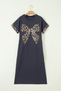 DARK GREY CONTRAST LEOPARD BOW PATCHED SHORT SLEEVE LONG DRESS